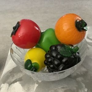 Crystal fruit bowl with hand blown fruit and veggies.